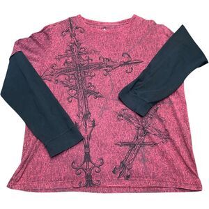 Helix Double Layer Long Sleeve Shirt 2XL Y2K Affliction Style Cross Graphic Red